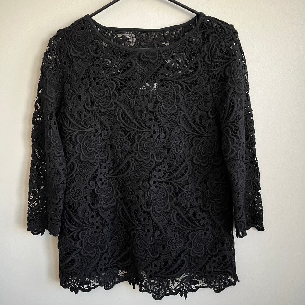 J. Jill Lace Blouse 3/4 Sleeve Top Built in Lining Black XS NWT